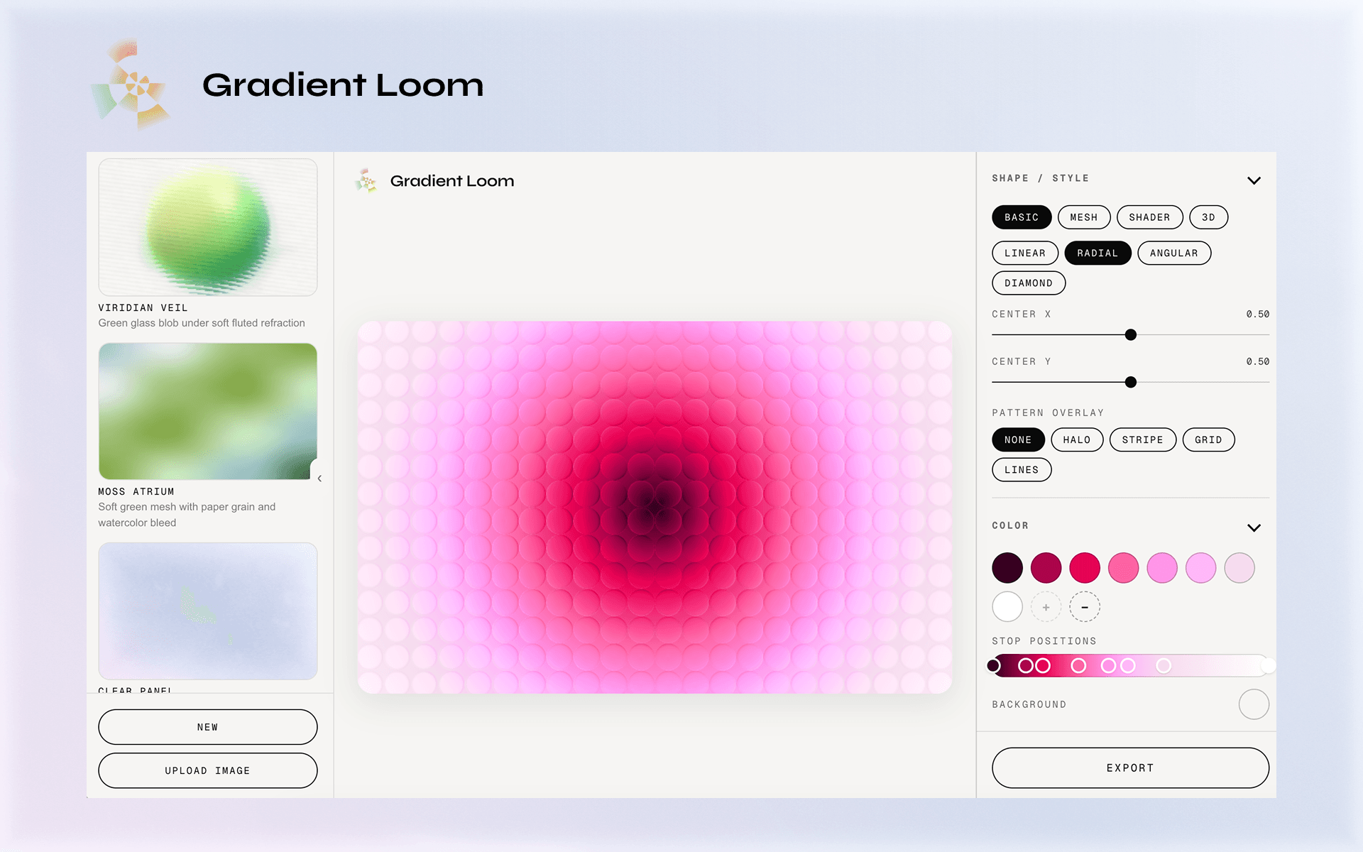 Gradient Loom studio: a draggable mesh gradient on the canvas, with shape, color, and texture controls in the side panel