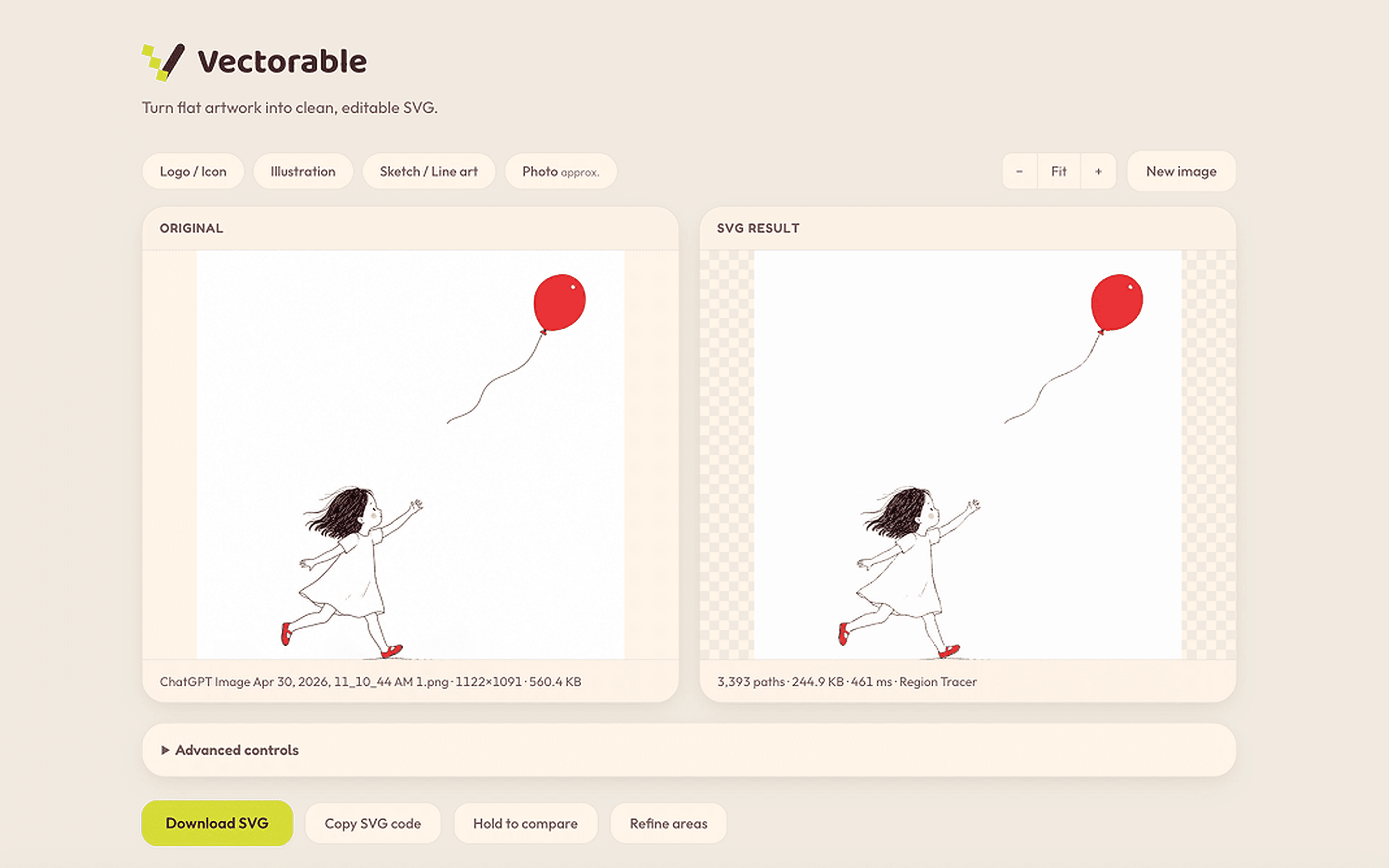 Vectorable: a single drop zone that accepts PNG, JPG, or WebP and returns editable SVG