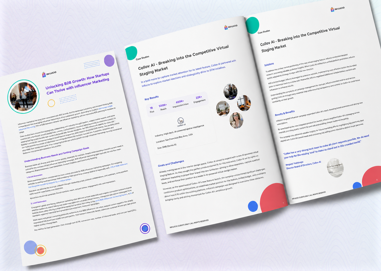 Influcio customer success story pages placed into a premium three-page mockup